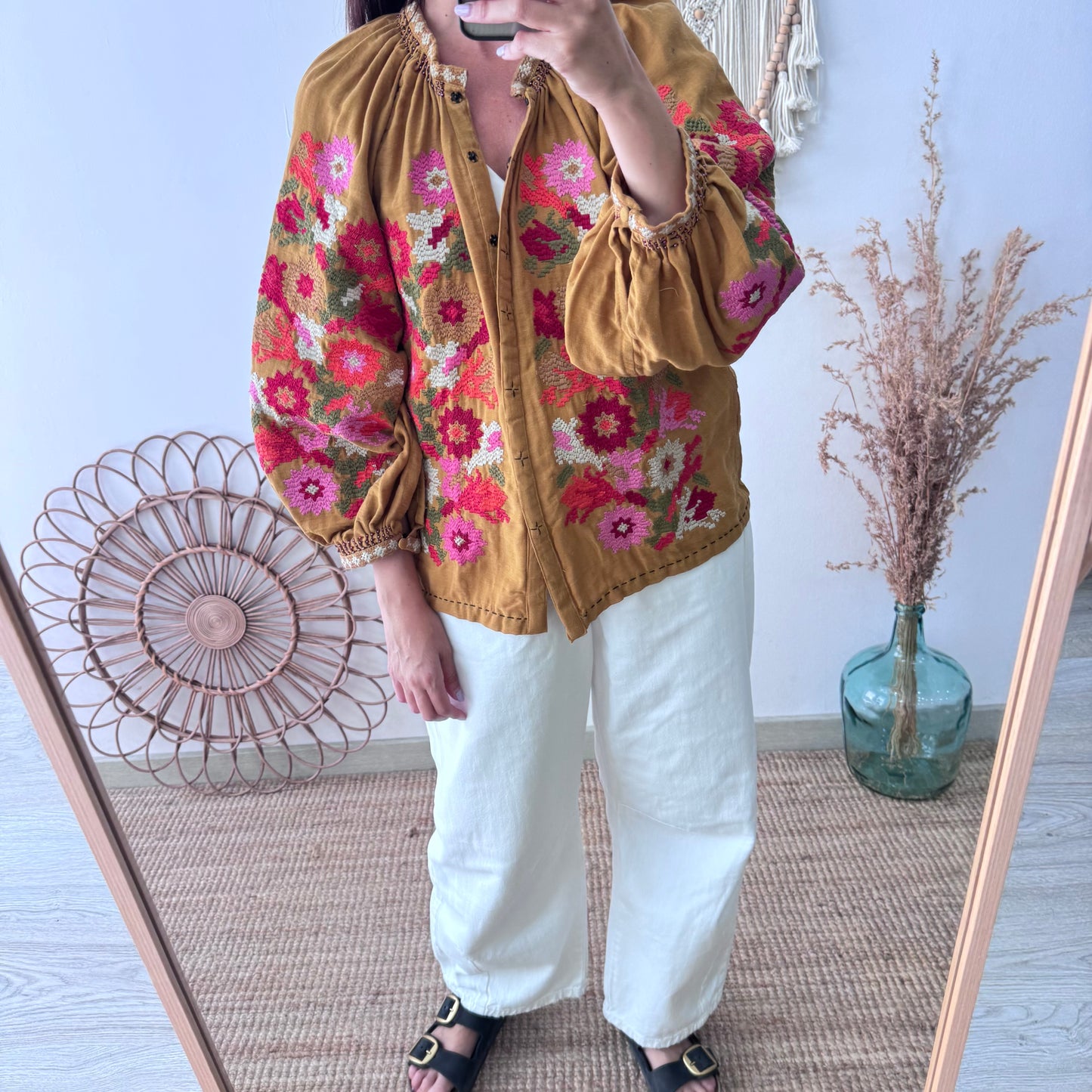 Chaqueta kimono corta mostaza bordados
