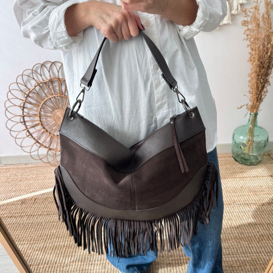 Bolso Hobo de Flecos en Piel y Serraje marrón