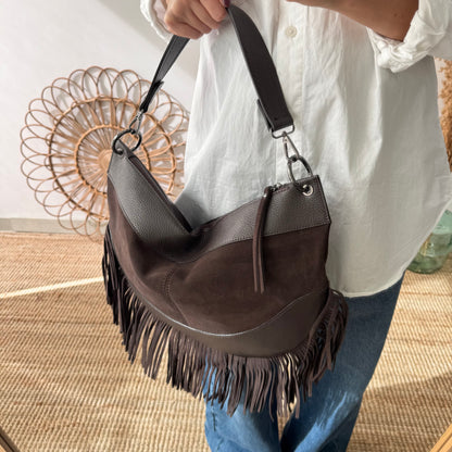 Bolso Hobo de Flecos en Piel y Serraje marrón