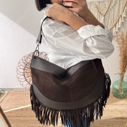 Bolso Hobo de Flecos en Piel y Serraje marrón