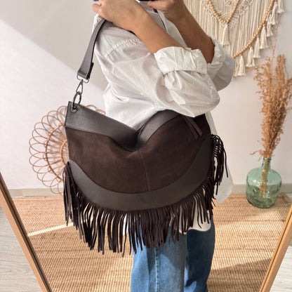 Bolso Hobo de Flecos en Piel y Serraje marrón