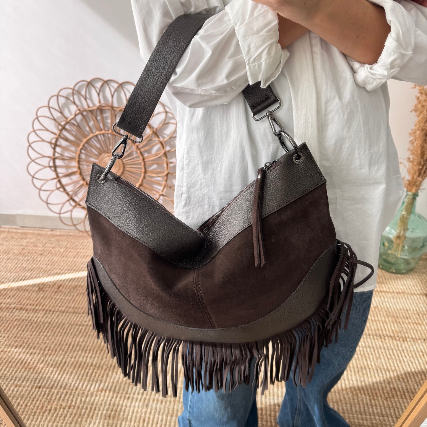 Bolso Hobo de Flecos en Piel y Serraje marrón