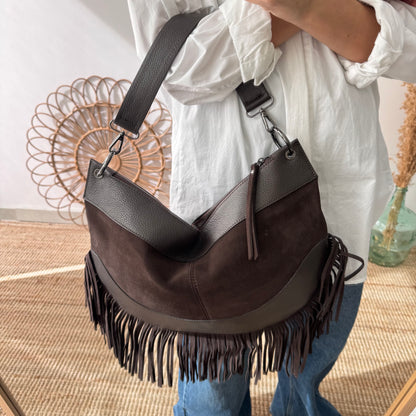 Bolso Hobo de Flecos en Piel y Serraje marrón