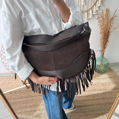 Bolso Hobo de Flecos en Piel y Serraje marrón