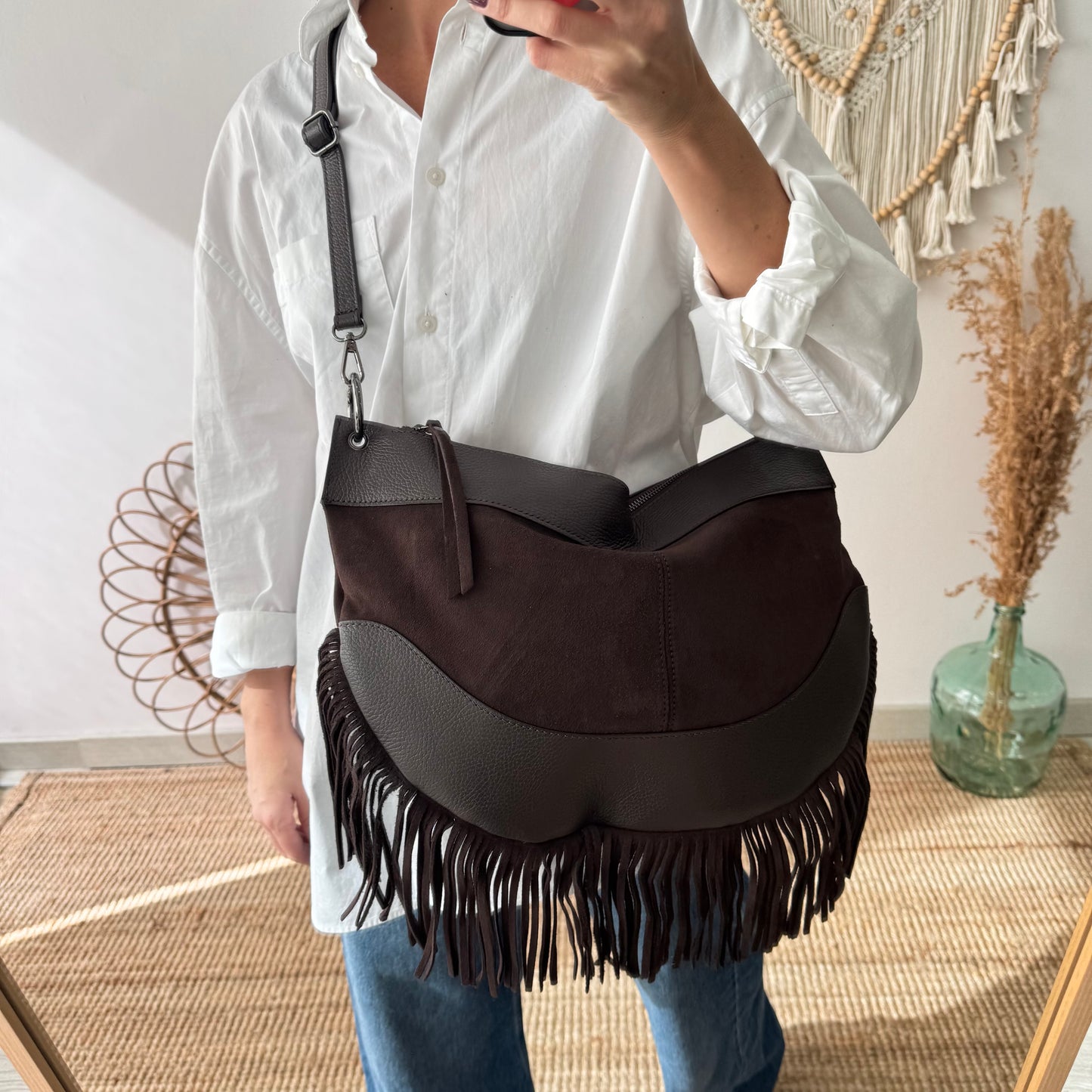 Bolso Hobo de Flecos en Piel y Serraje marrón