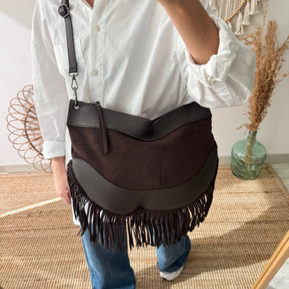 Bolso Hobo de Flecos en Piel y Serraje marrón