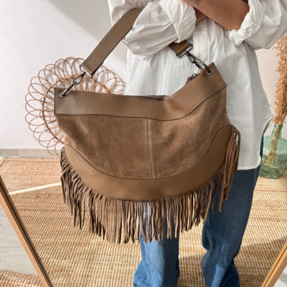 Bolso Hobo de Flecos en Piel y Serraje taupe
