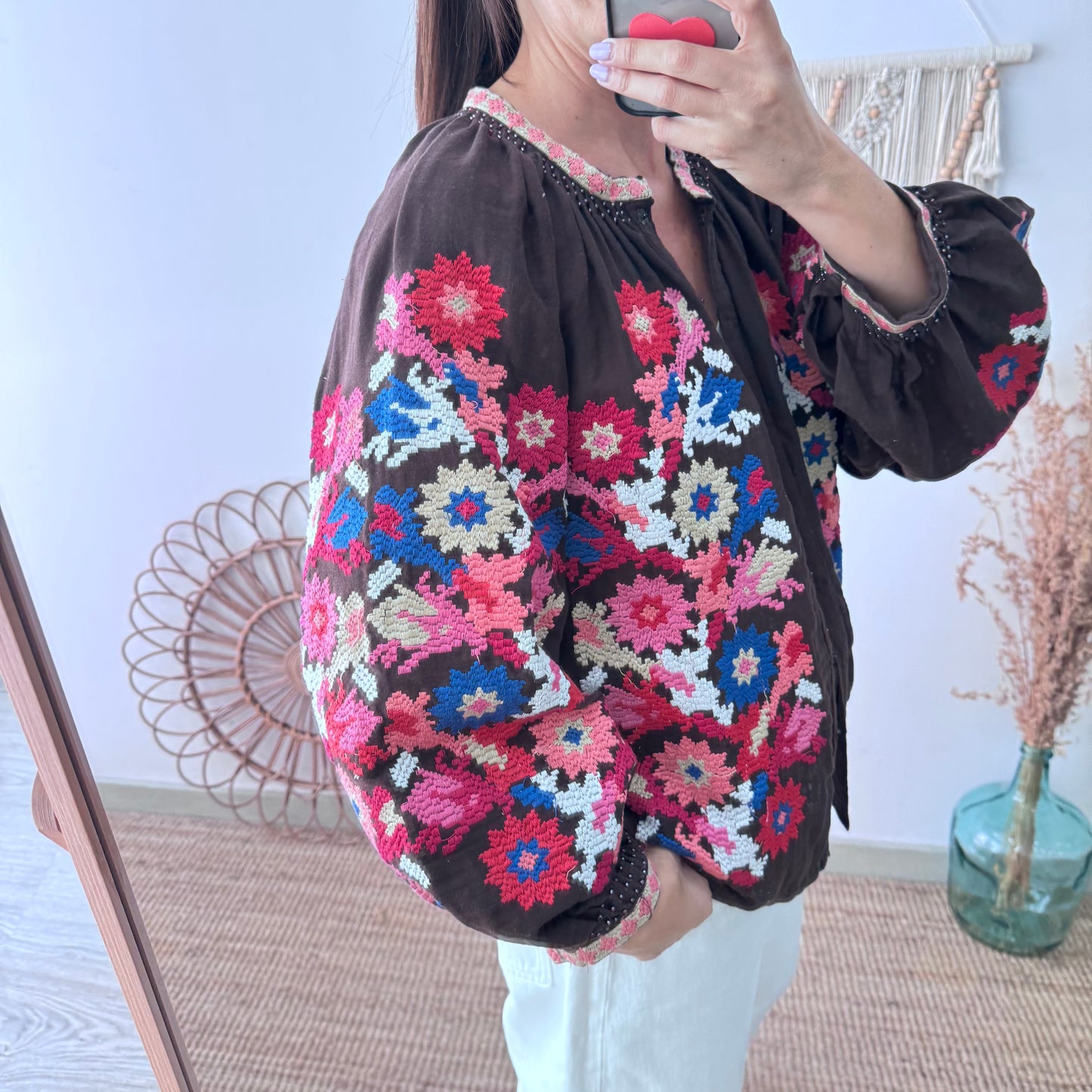Chaqueta kimono corta marrón chocolate bordados