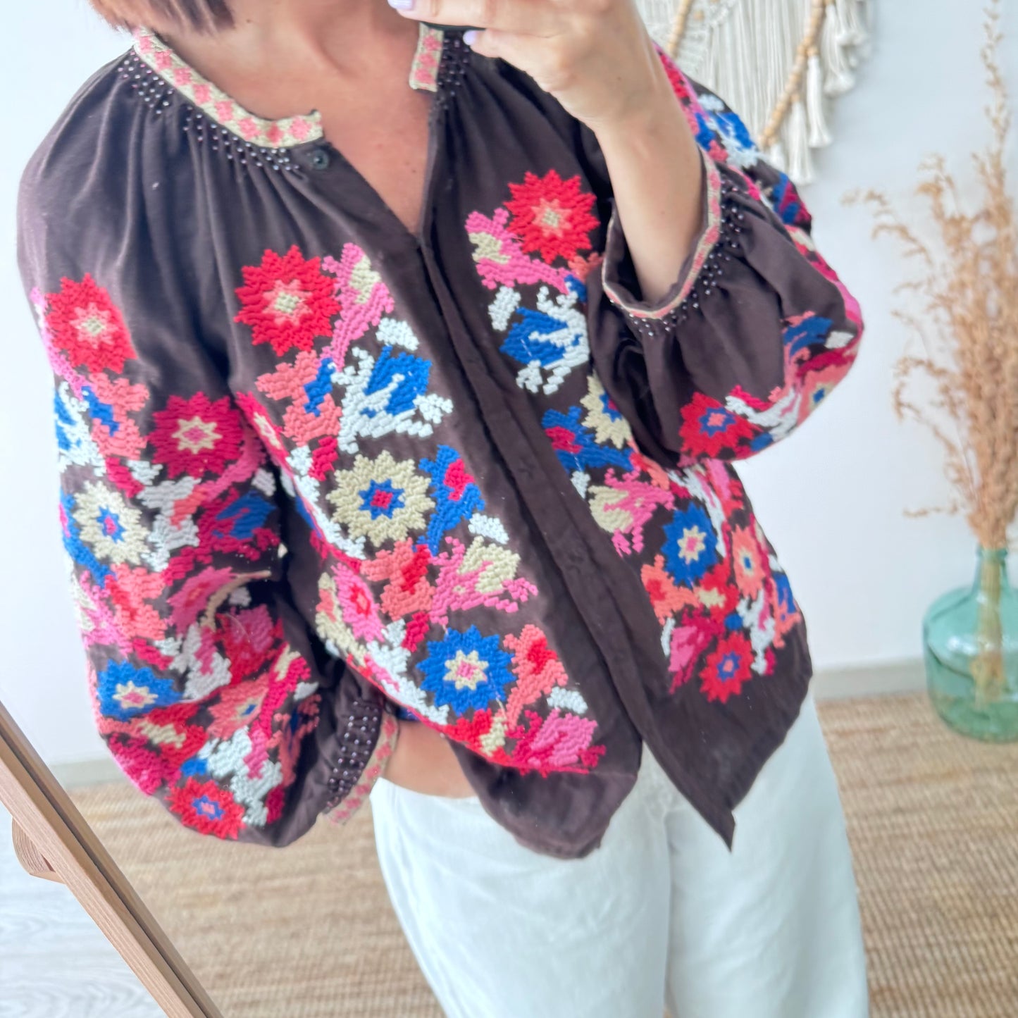 Chaqueta kimono corta marrón chocolate bordados