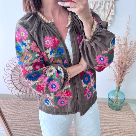 Chaqueta kimono corta marrón bordados