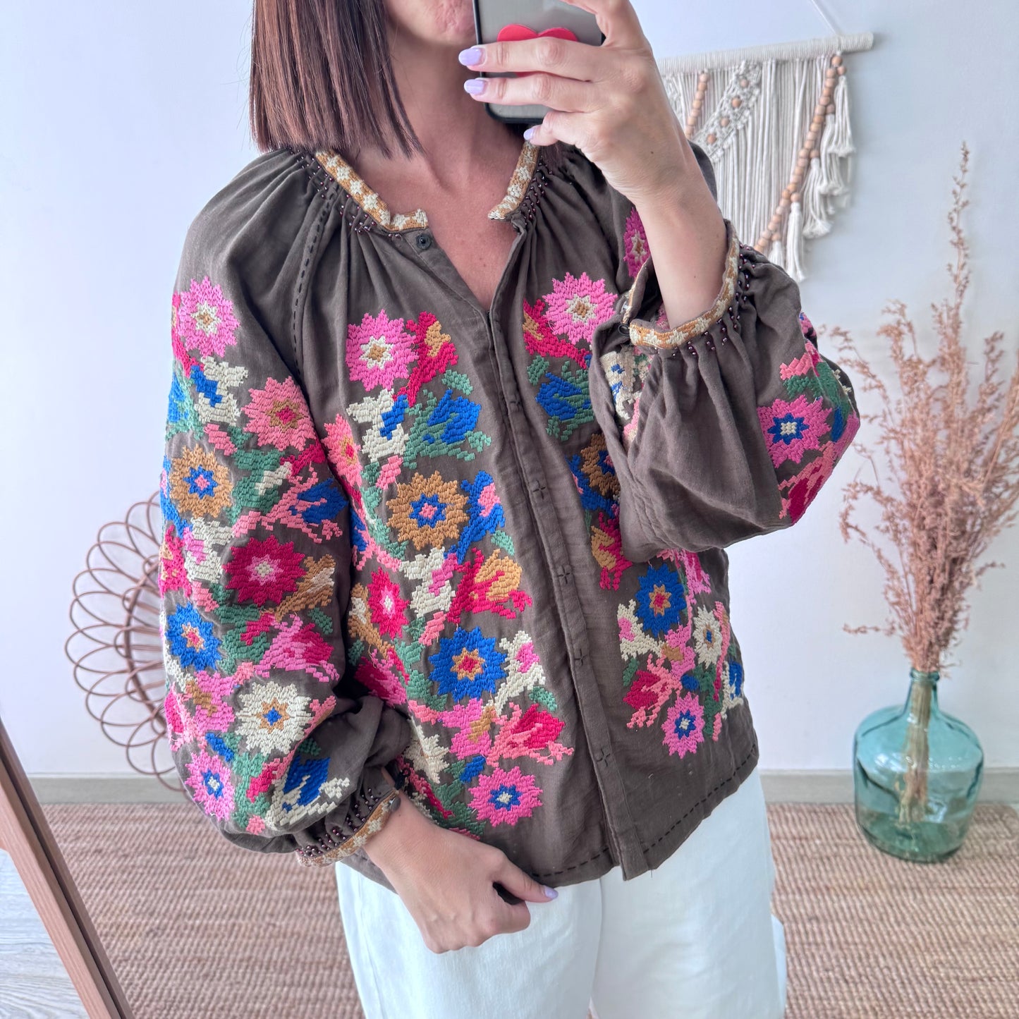 Chaqueta kimono corta marrón bordados