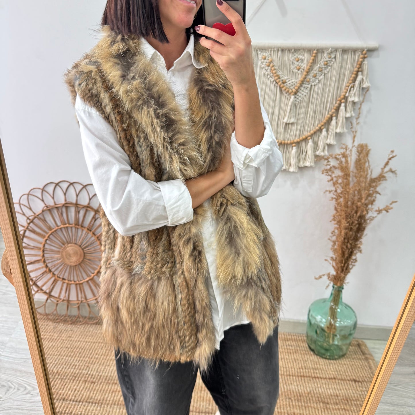 Chaleco de pelo natural beige y caramelo