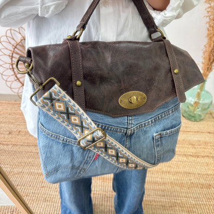 Bolso combinado denim/piel marrón iniciales bordadas