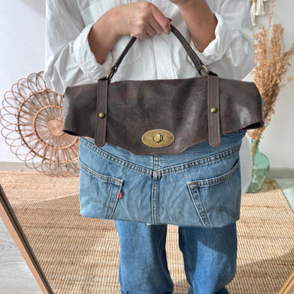 Bolso combinado denim/piel marrón iniciales bordadas