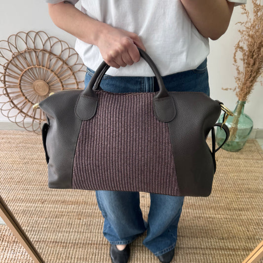 Bolso Bowling de rafia y Piel marrón