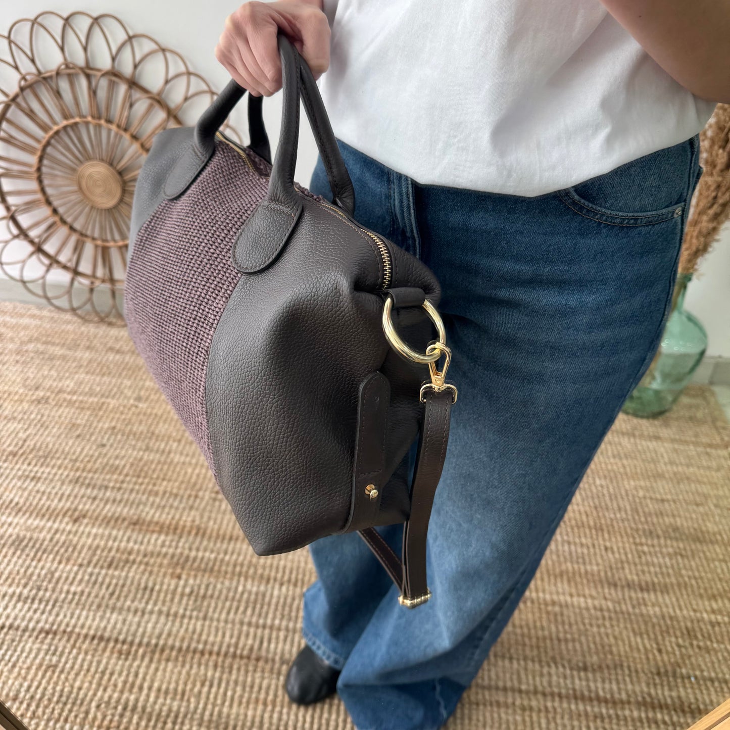 Bolso Bowling de rafia y Piel marrón