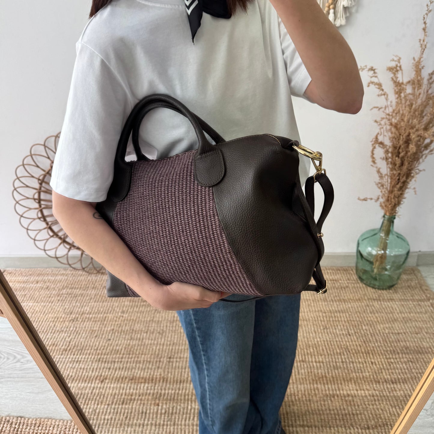 Bolso Bowling de rafia y Piel marrón