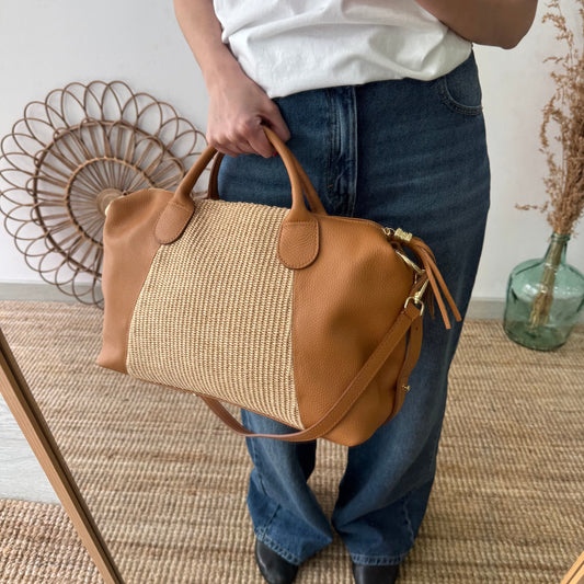 Bolso Bowling de rafia y Piel camel