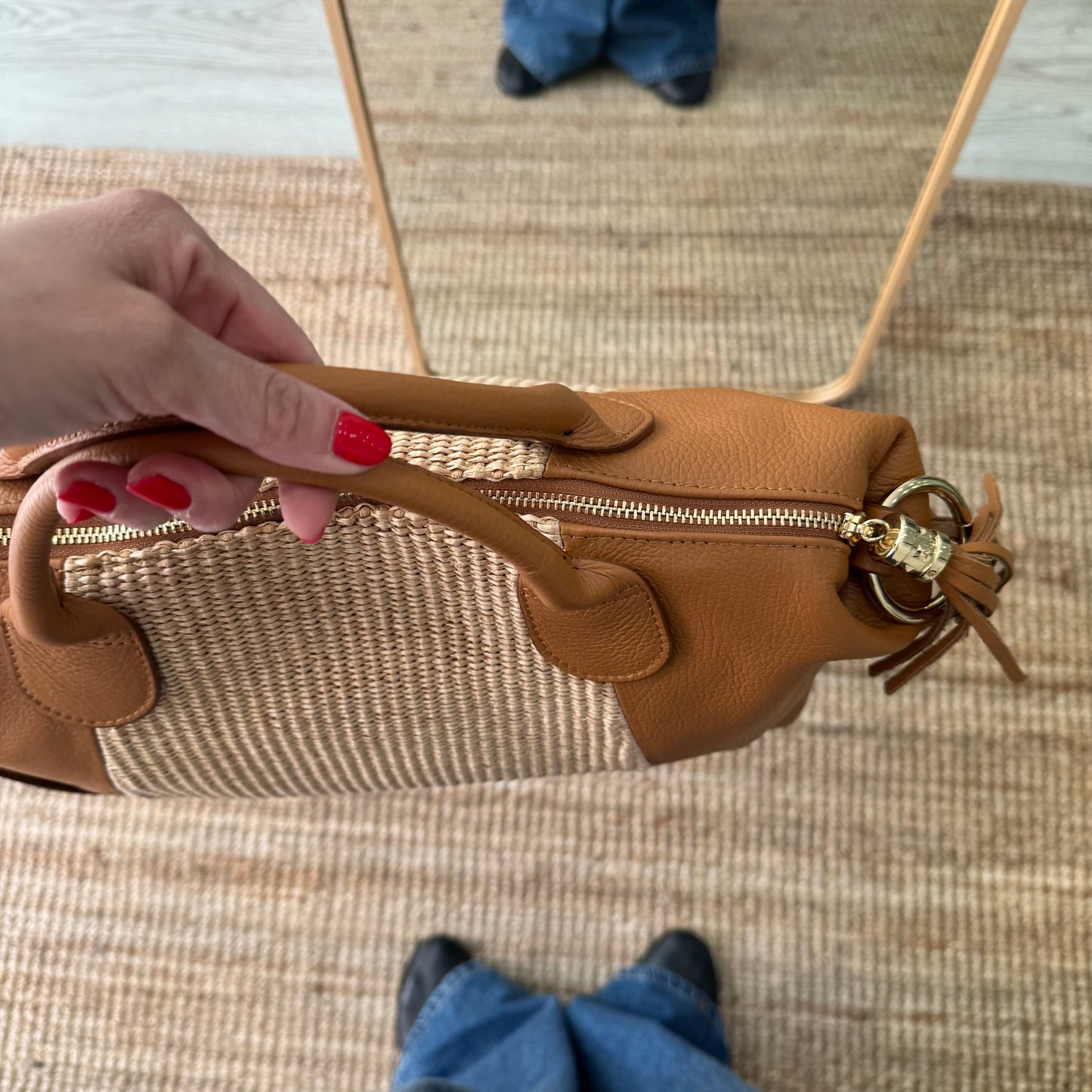 Bolso Bowling de rafia y Piel camel