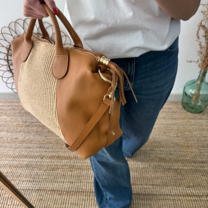 Bolso Bowling de rafia y Piel camel