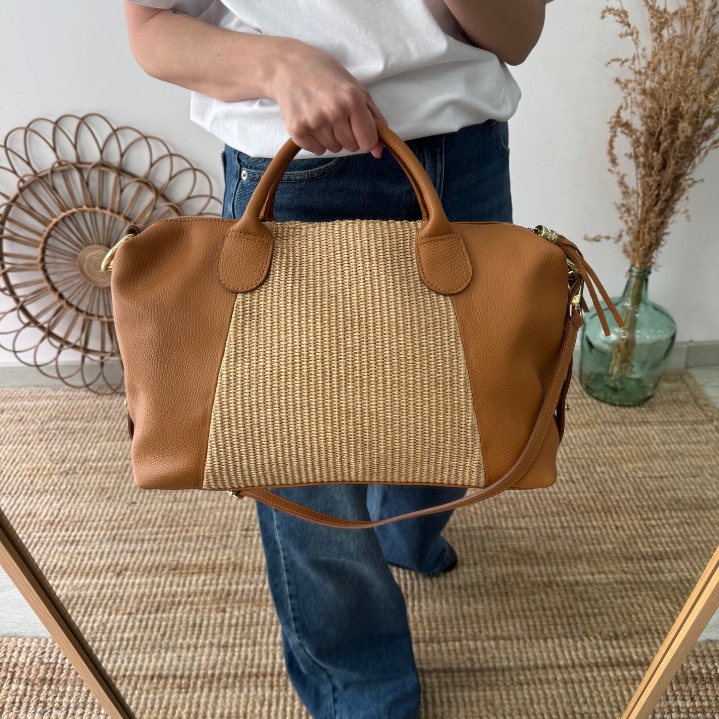 Bolso Bowling de rafia y Piel camel