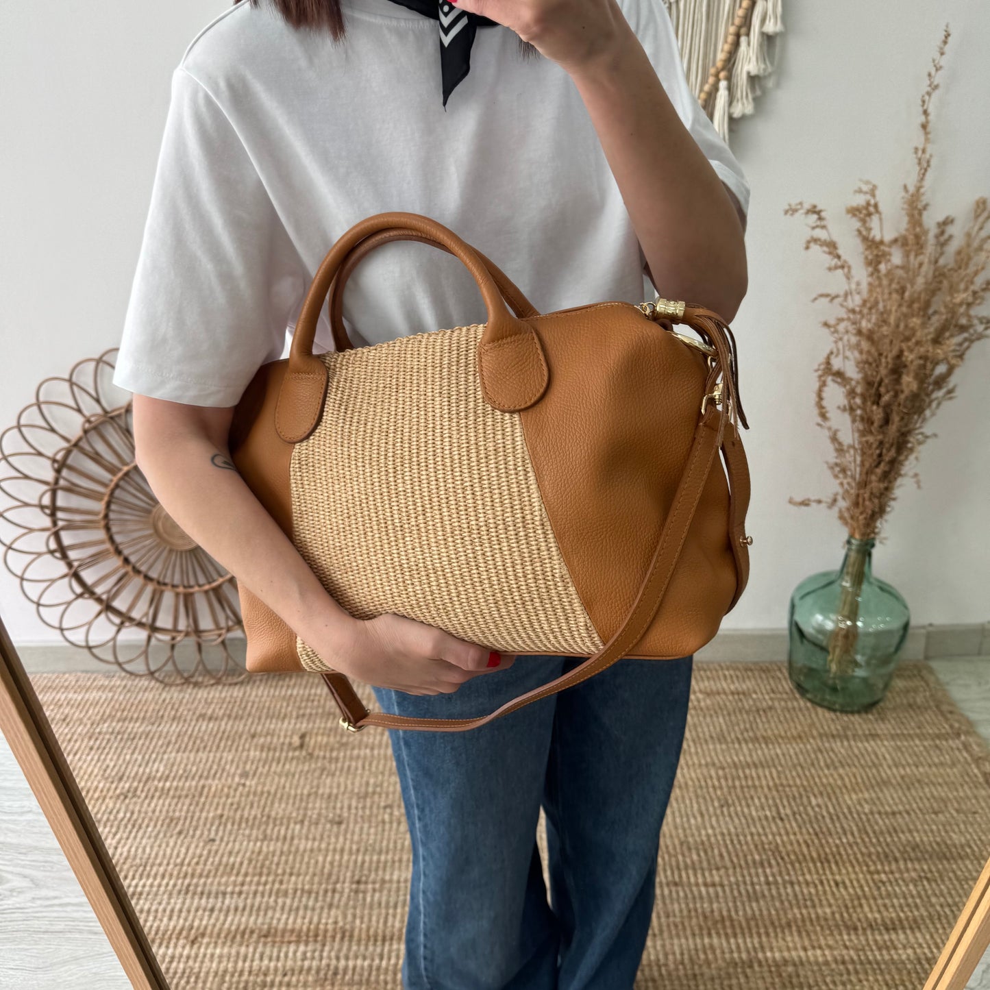 Bolso Bowling de rafia y Piel camel