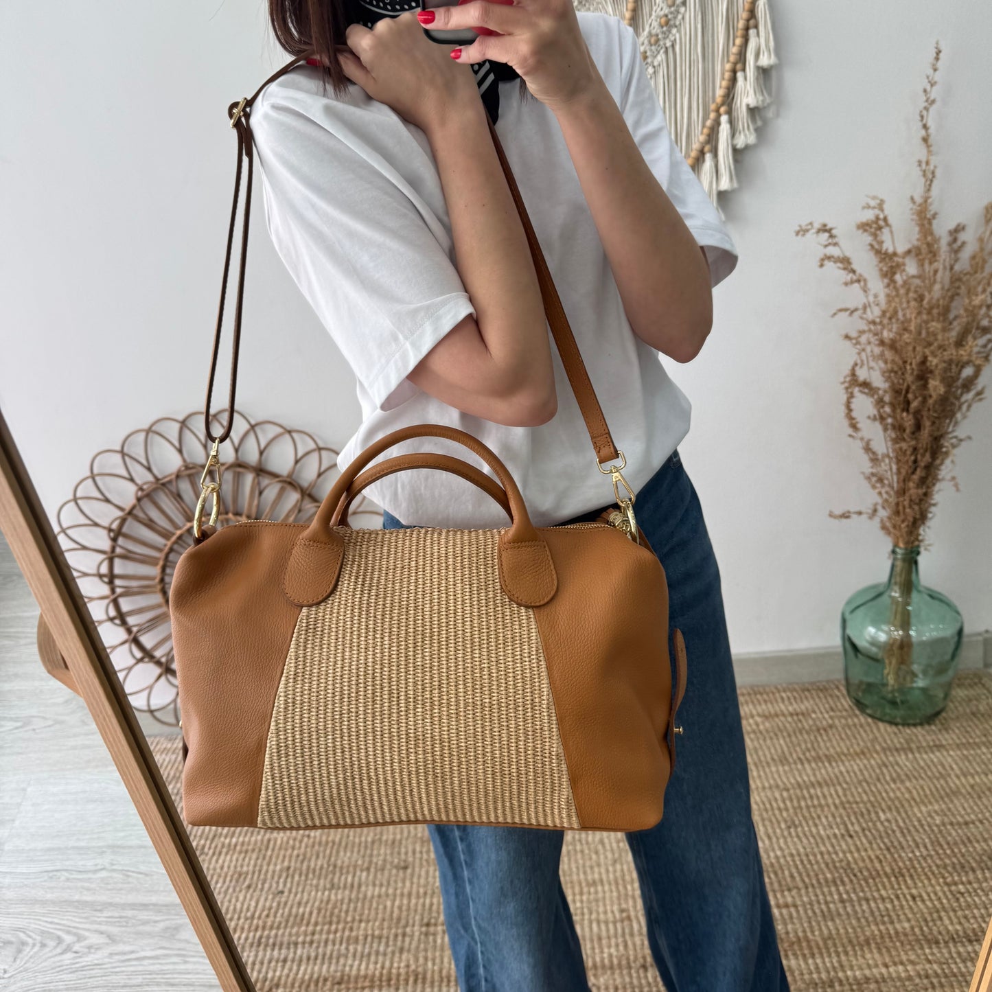 Bolso Bowling de rafia y Piel camel