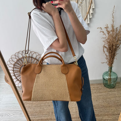 Bolso Bowling de rafia y Piel camel