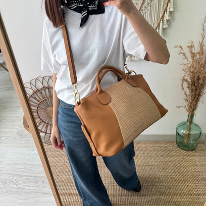 Bolso Bowling de rafia y Piel camel