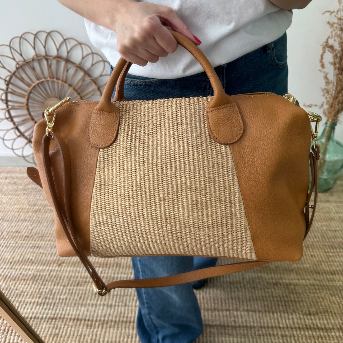 Bolso Bowling de rafia y Piel camel