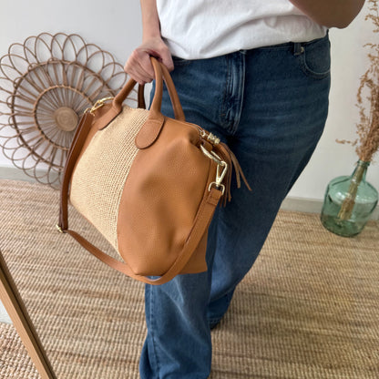 Bolso Bowling de rafia y Piel camel