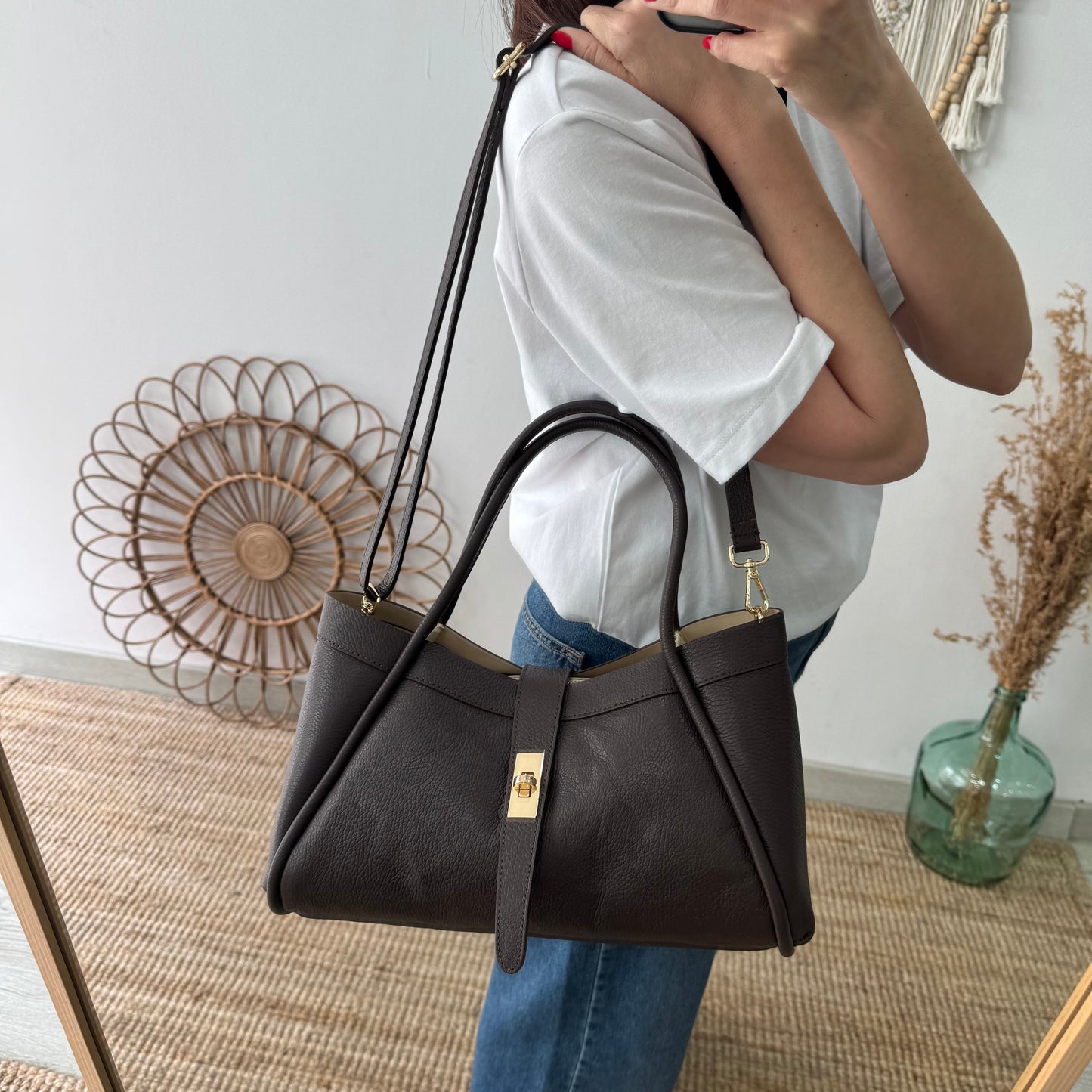 Bolso shopping piel marrón mediano