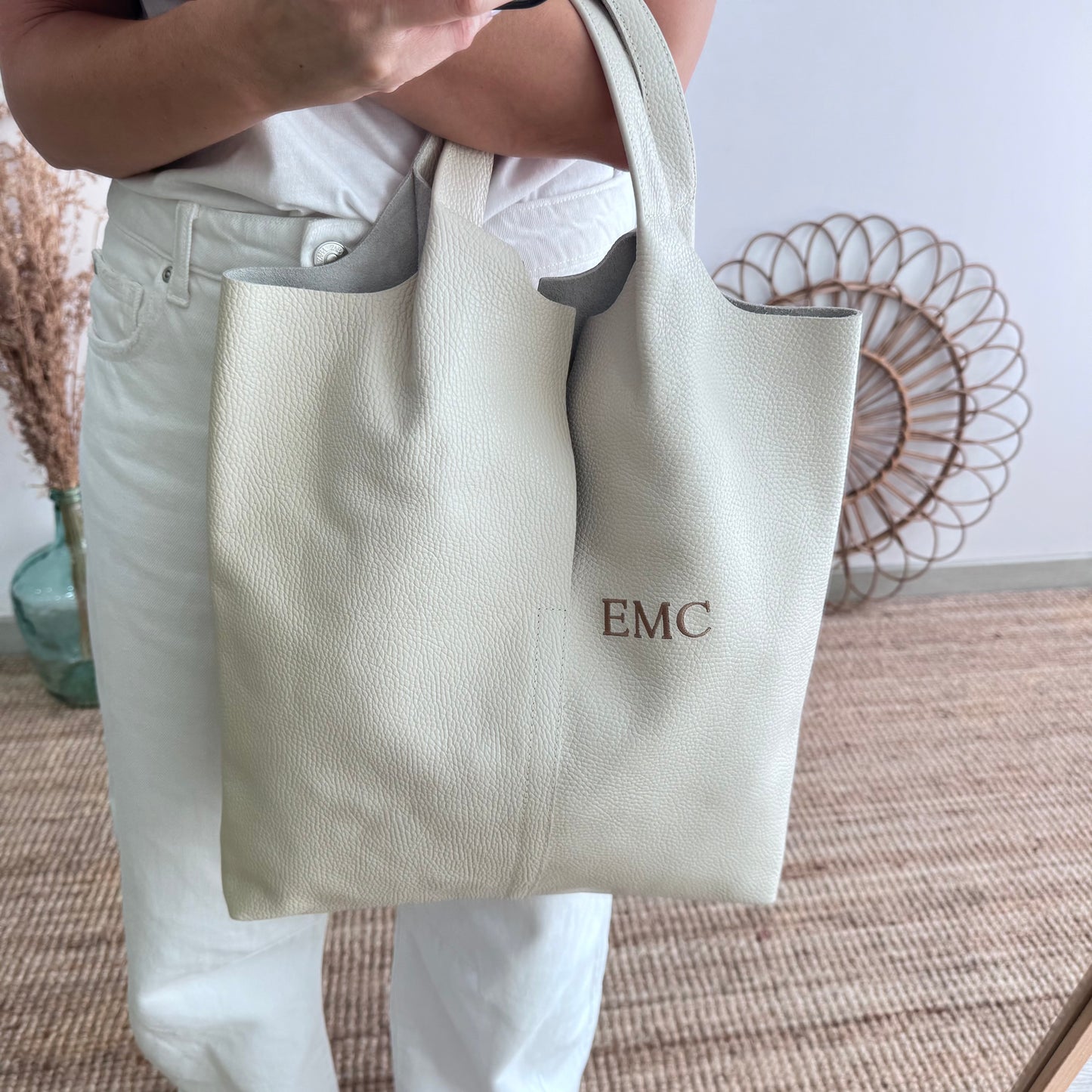 Bolso Tote piel beige con monedero