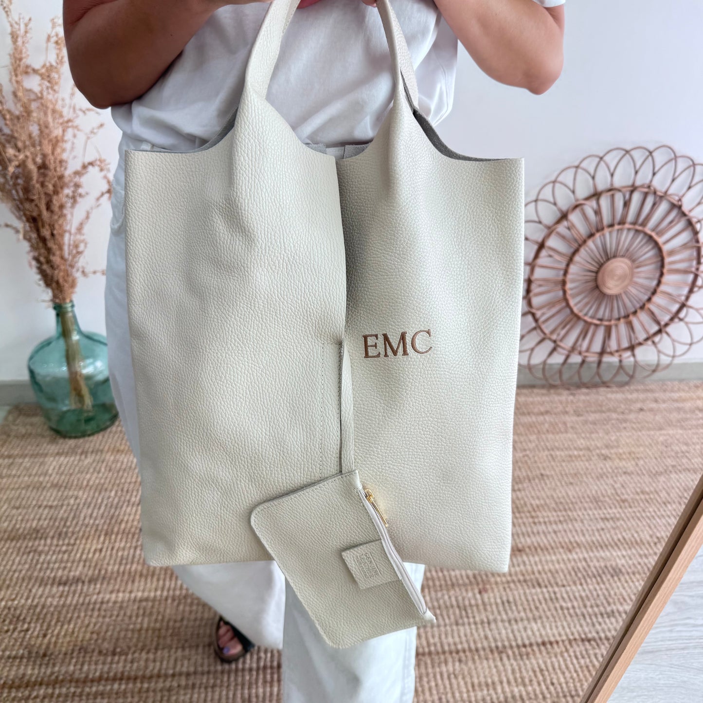 Bolso Tote piel beige con monedero
