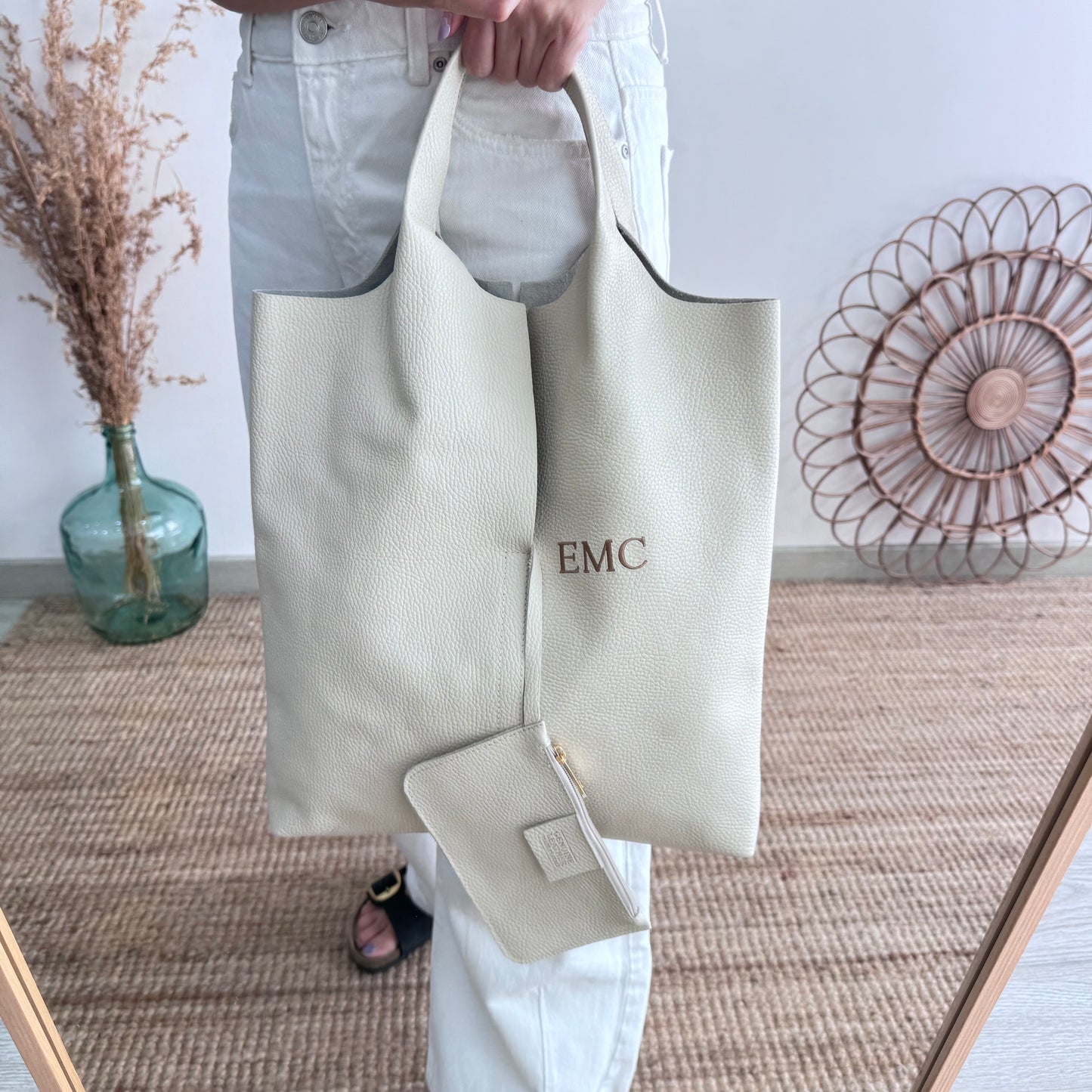 Bolso Tote piel beige con monedero