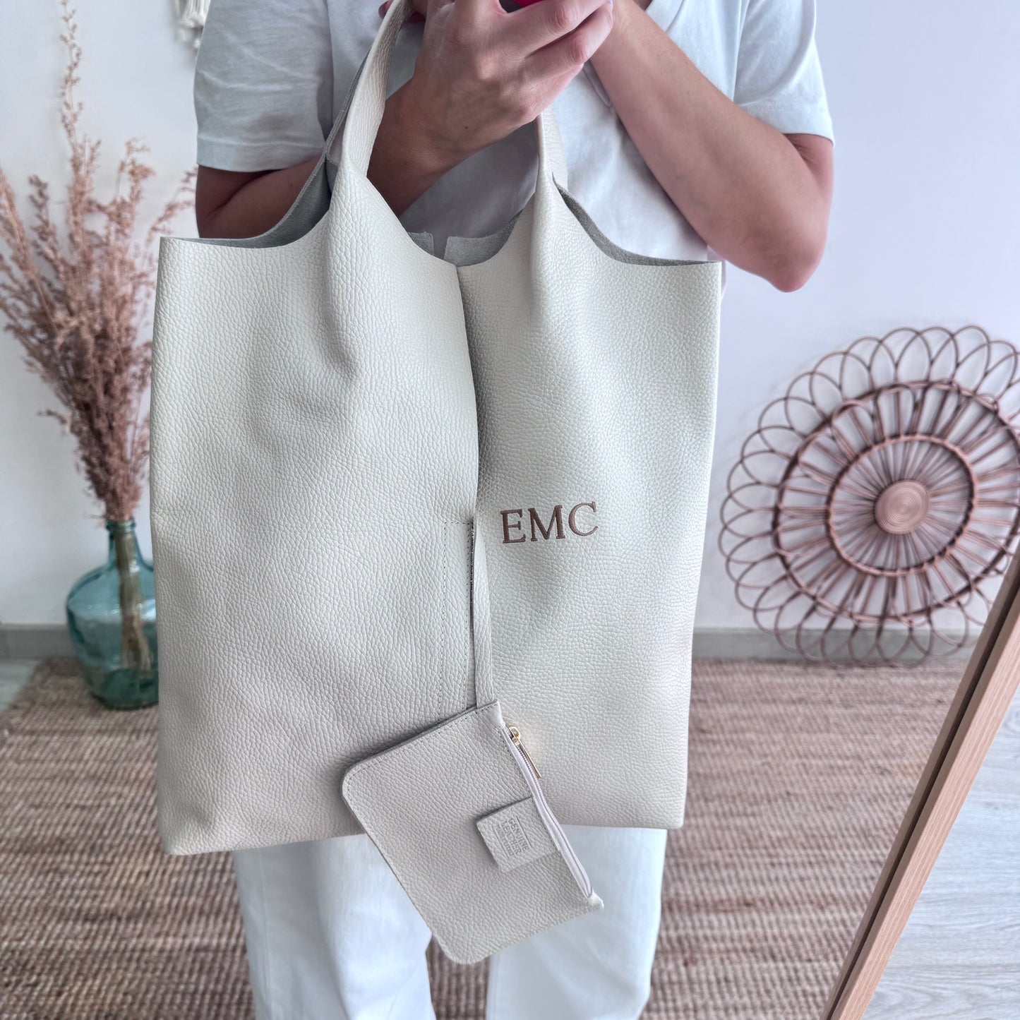 Bolso Tote piel beige con monedero