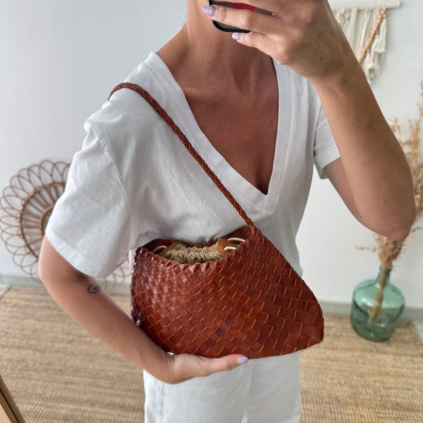 Bolso de piel trenzada trapecio pequeño camel