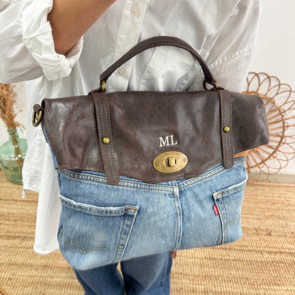 Bolso combinado denim/piel marrón iniciales bordadas