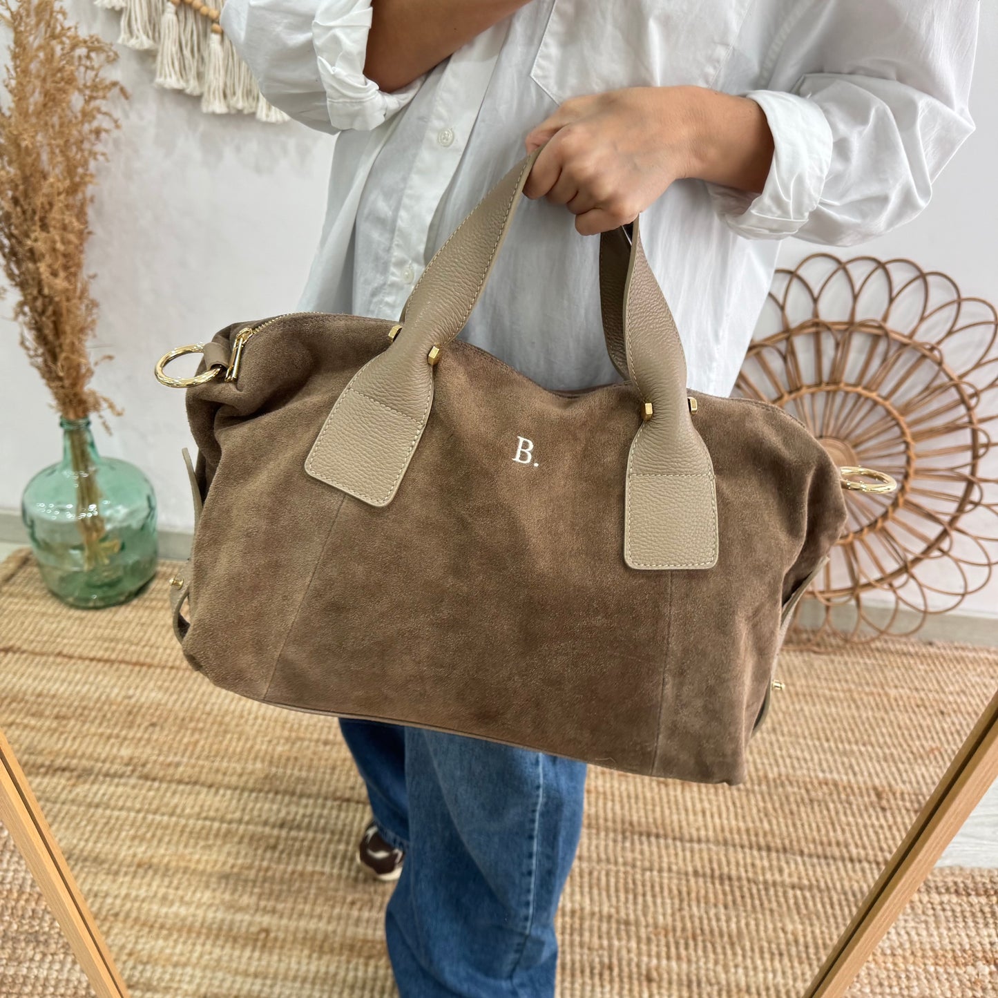 Bolso Bowling de Serraje y Piel taupe