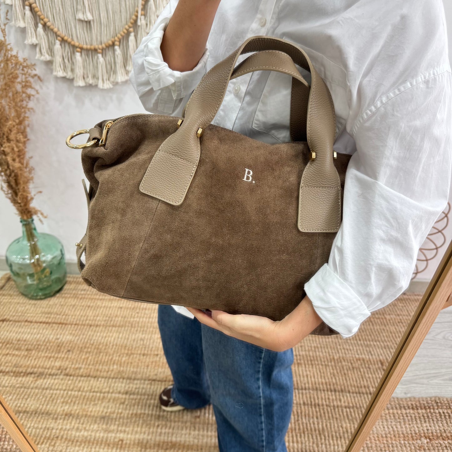 Bolso Bowling de Serraje y Piel taupe