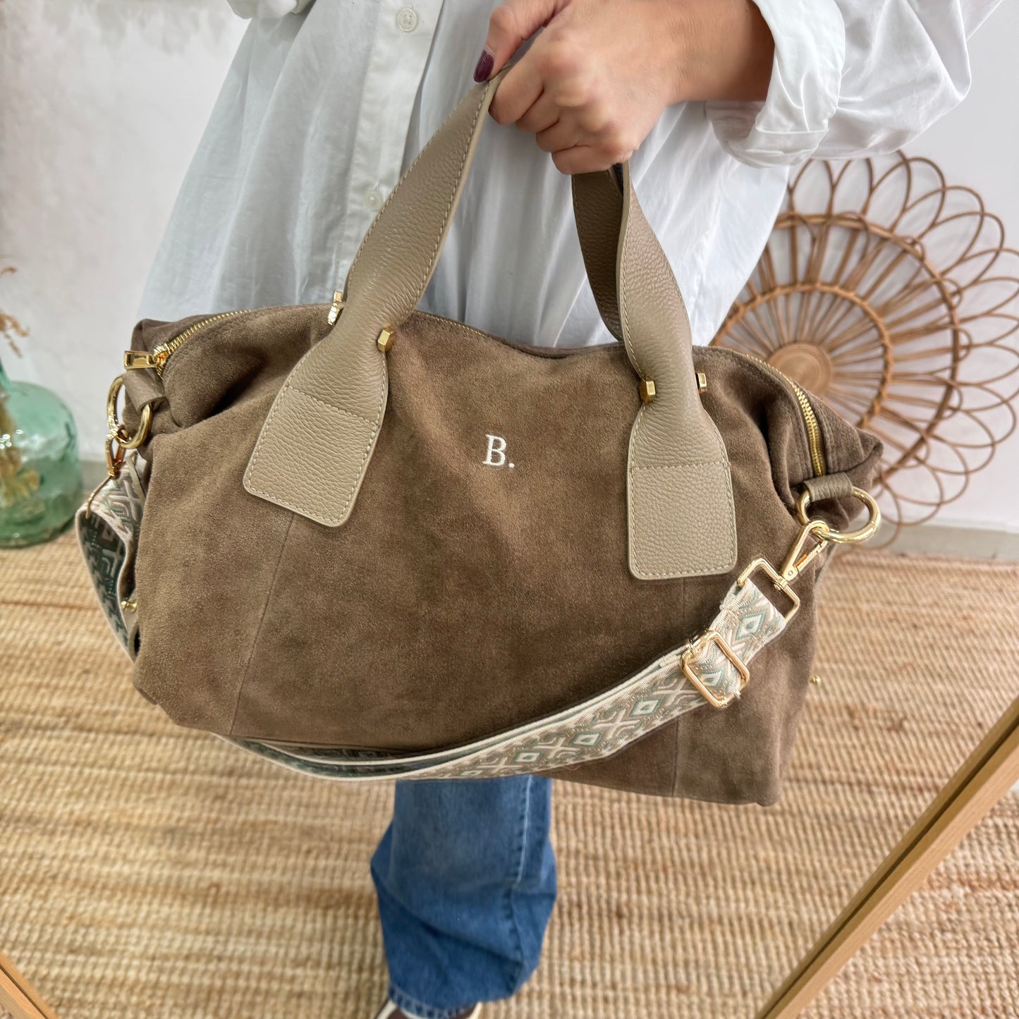 Bolso Bowling de Serraje y Piel taupe