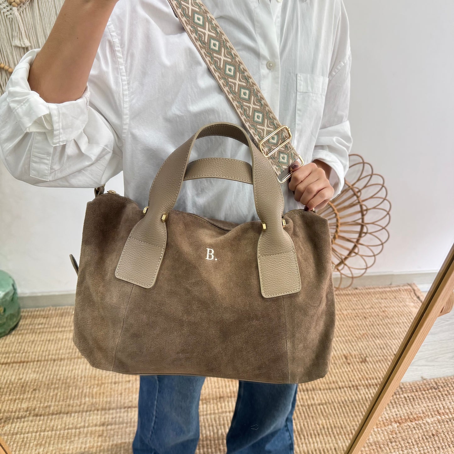 Bolso Bowling de Serraje y Piel taupe