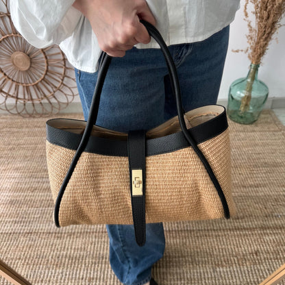 Bolso shopping piel y rafia negro mediano - Bubbleshopbcn