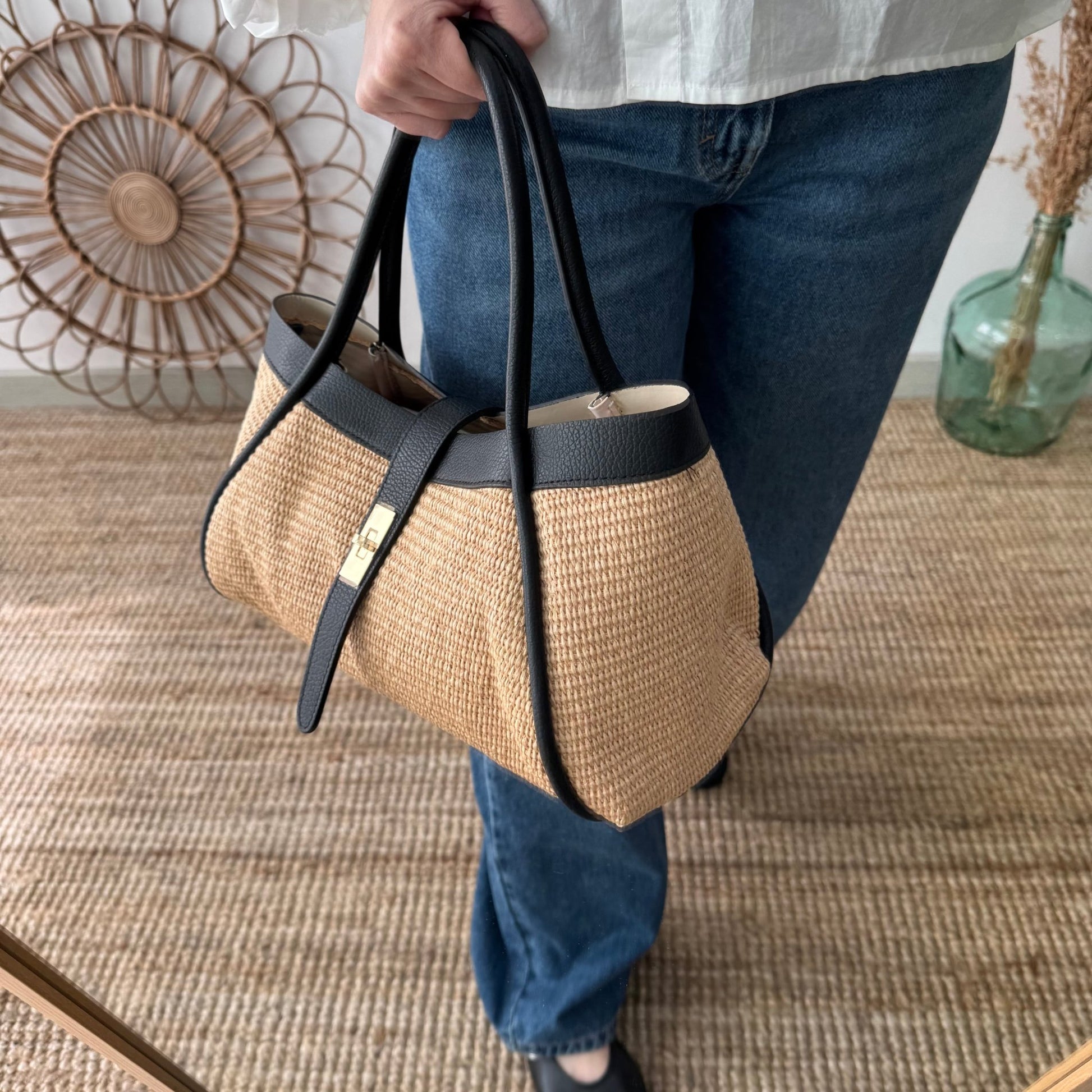 Bolso shopping piel y rafia negro mediano - Bubbleshopbcn