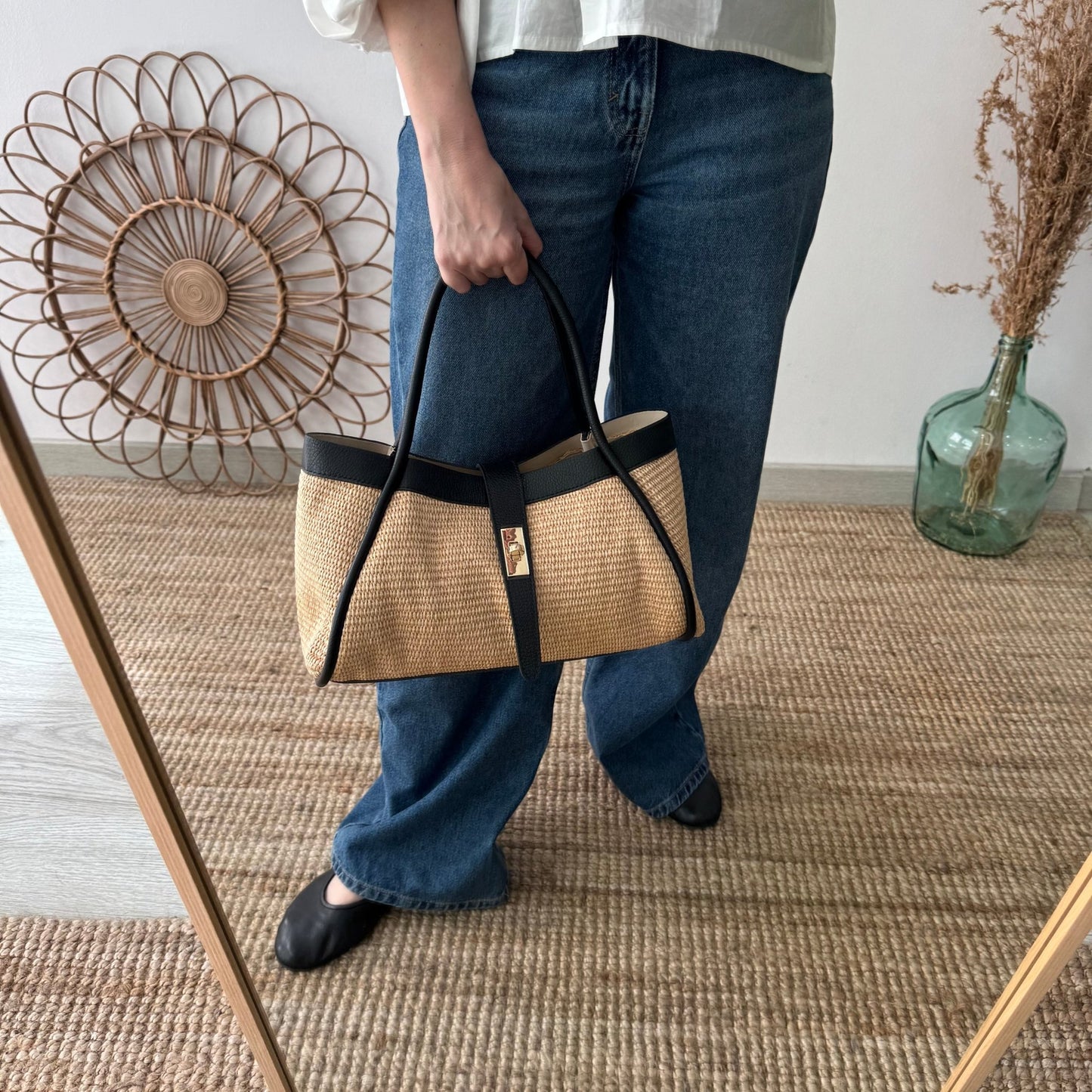 Bolso shopping piel y rafia negro mediano - Bubbleshopbcn