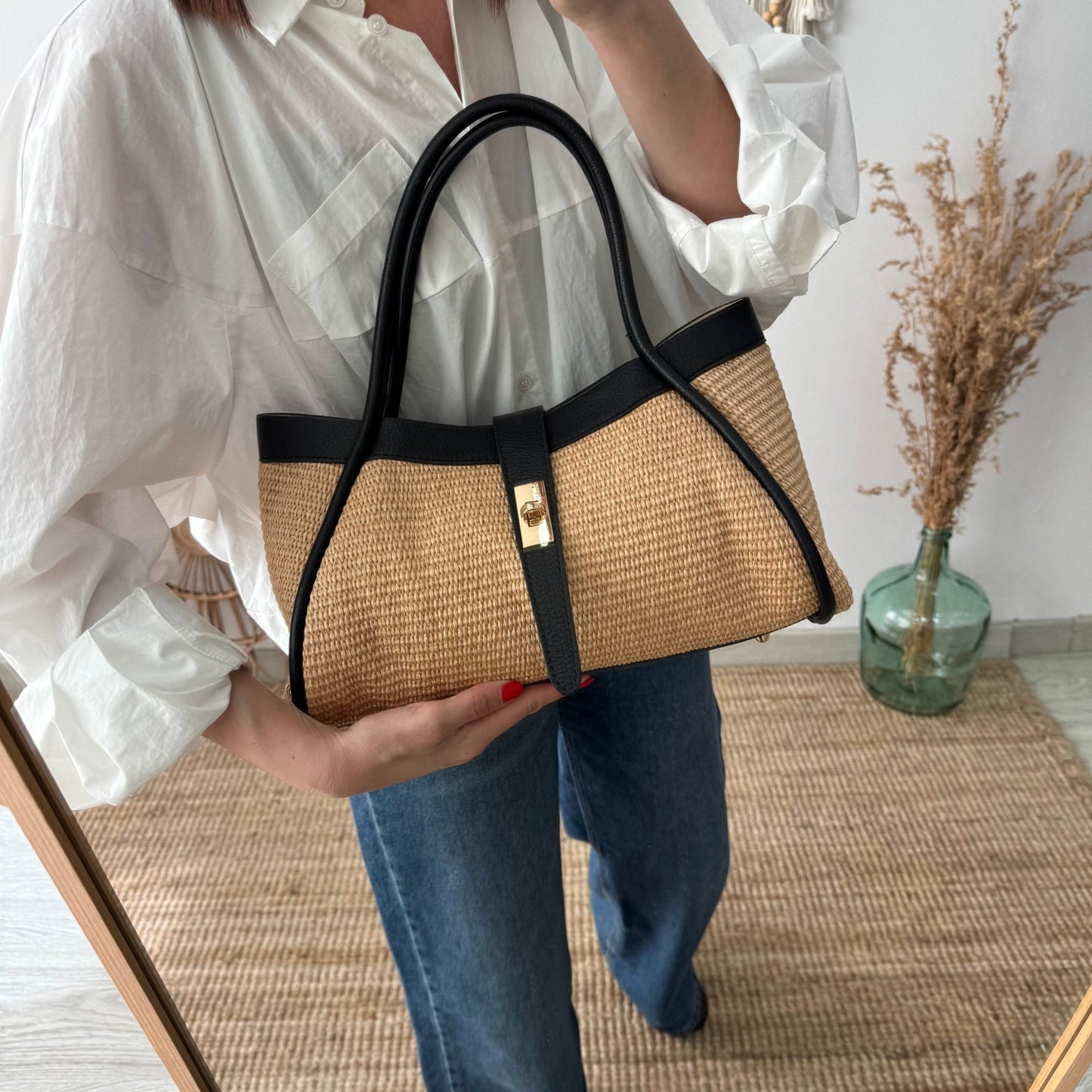 Bolso shopping piel y rafia negro mediano - Bubbleshopbcn