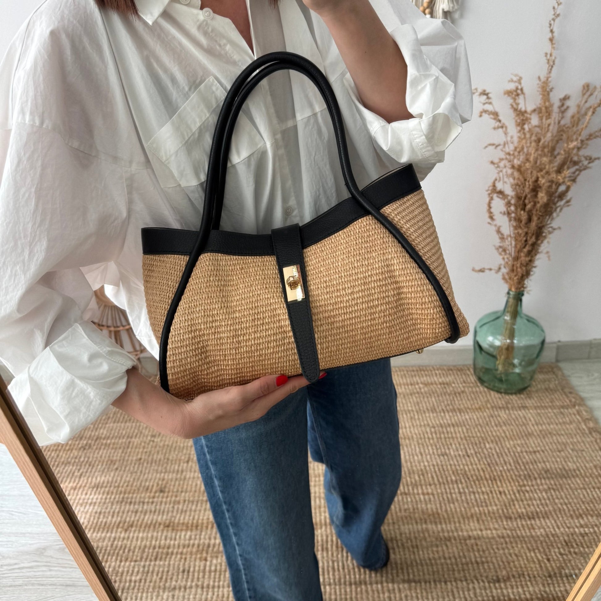 Bolso shopping piel y rafia negro mediano - Bubbleshopbcn