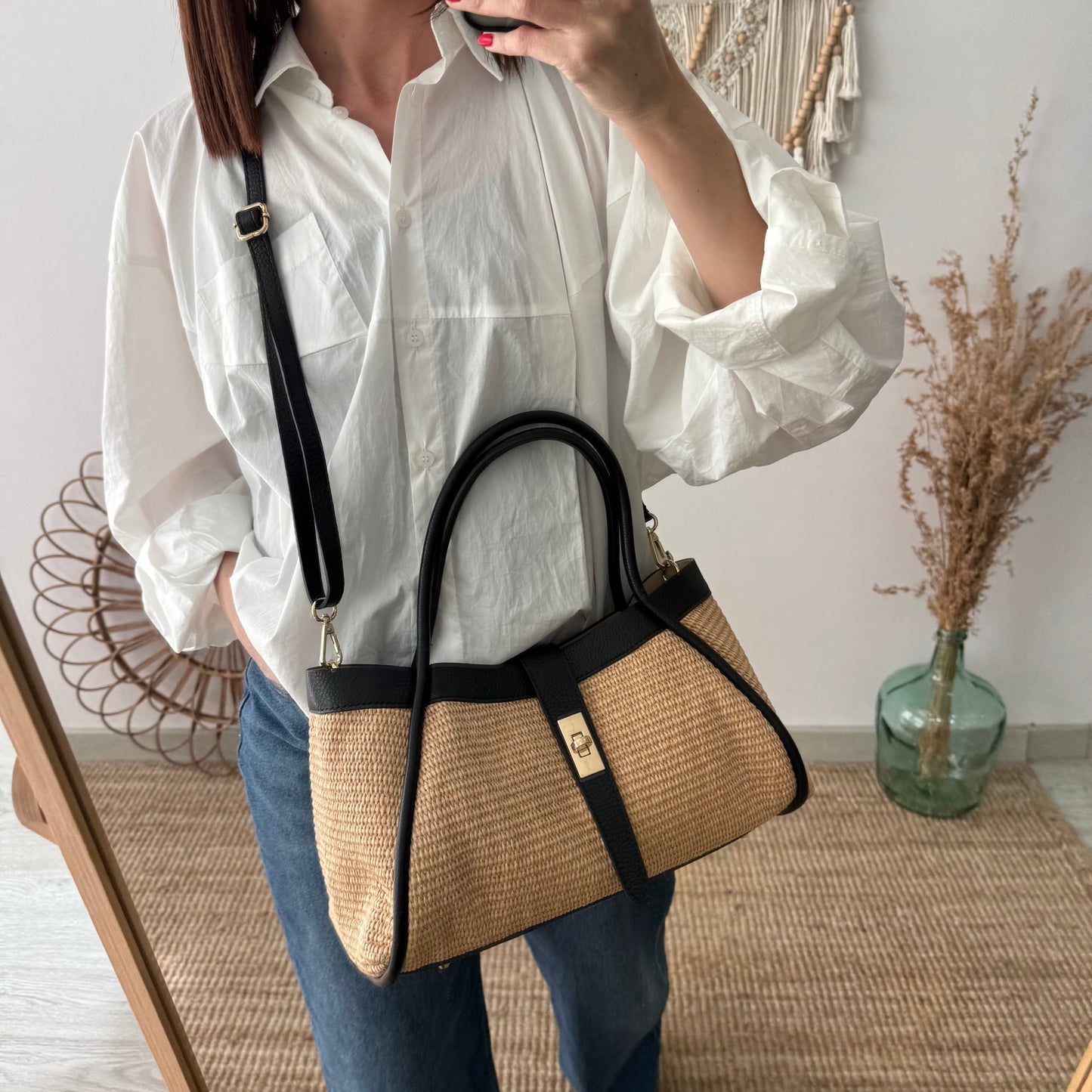 Bolso shopping piel y rafia negro mediano - Bubbleshopbcn