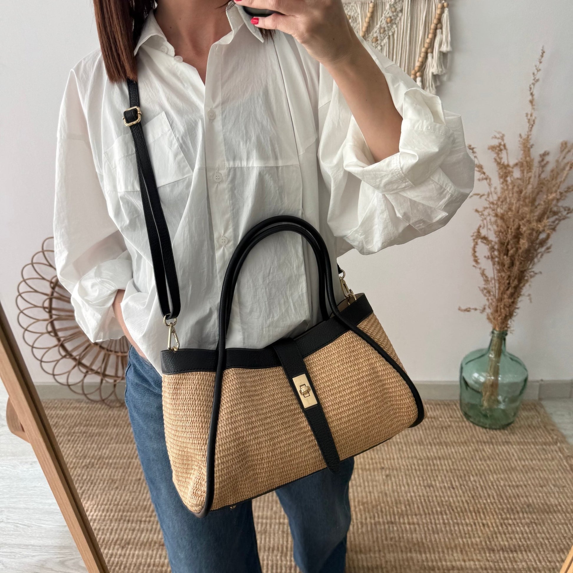 Bolso shopping piel y rafia negro mediano - Bubbleshopbcn