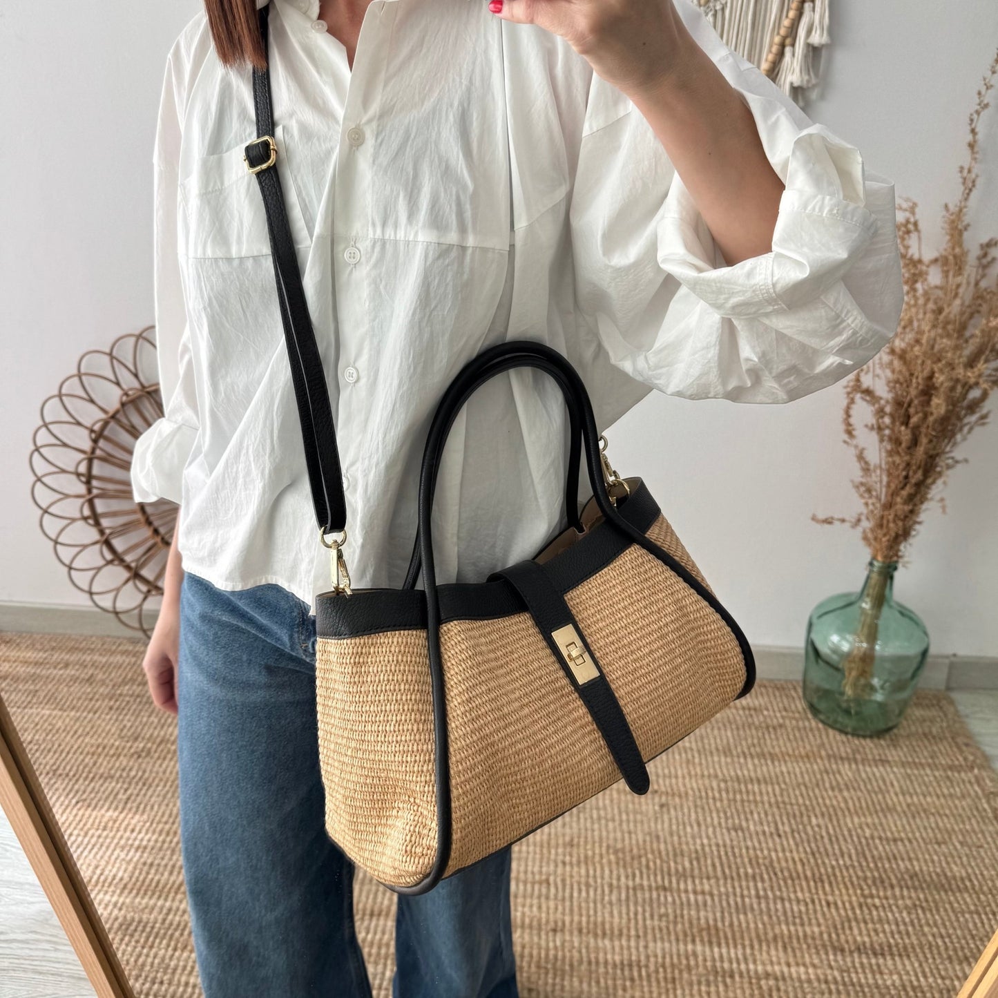 Bolso shopping piel y rafia negro mediano - Bubbleshopbcn